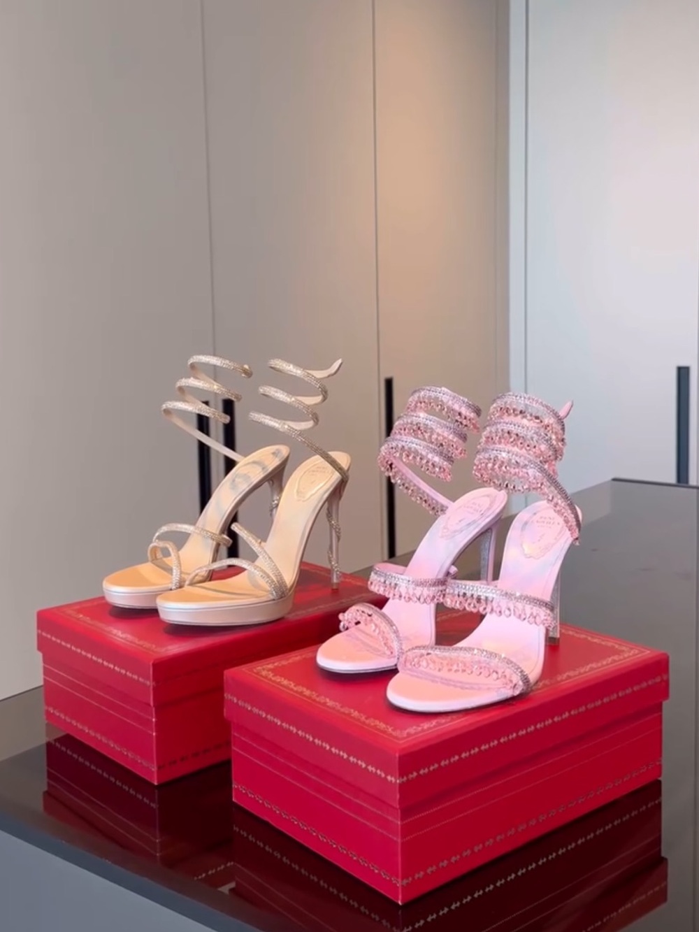 Rene Caovilla Pink and White Strappy Heels